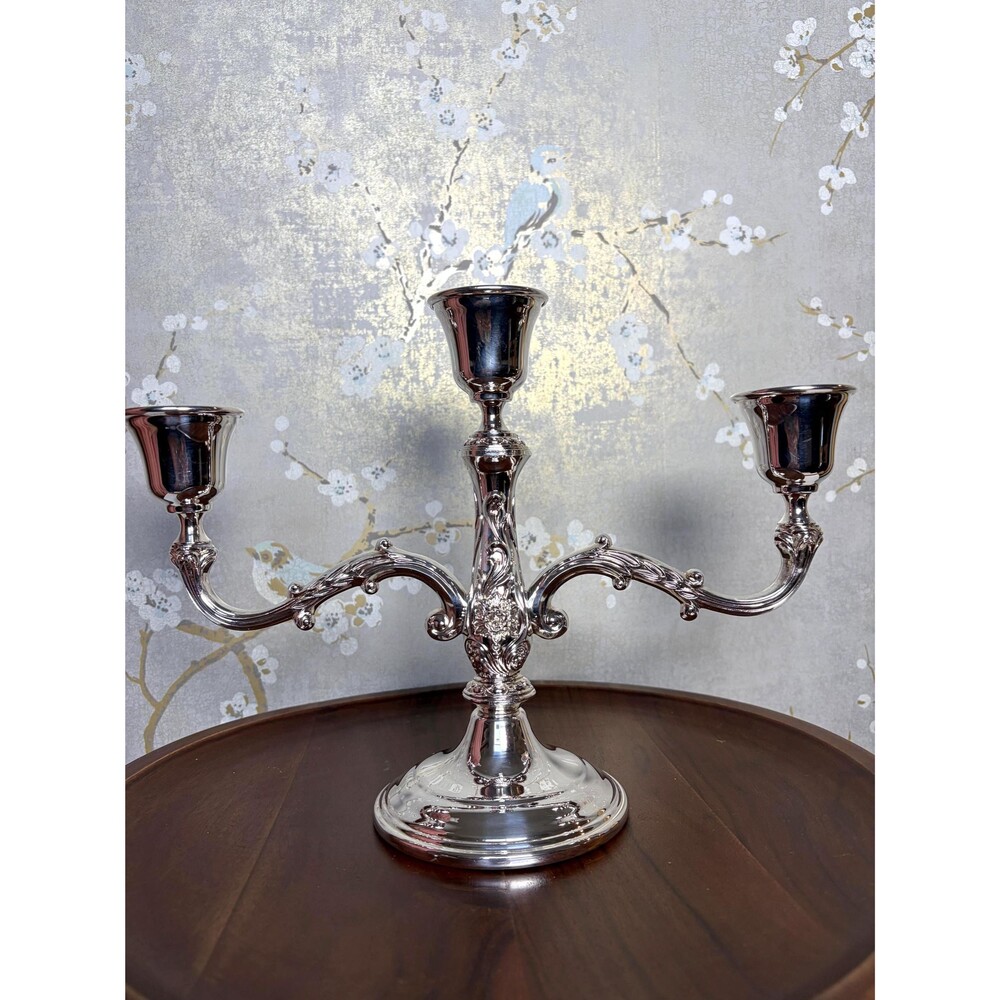 Vintage Ornate Baroque Style Silver Plated Three-Arm Candlestick Holder